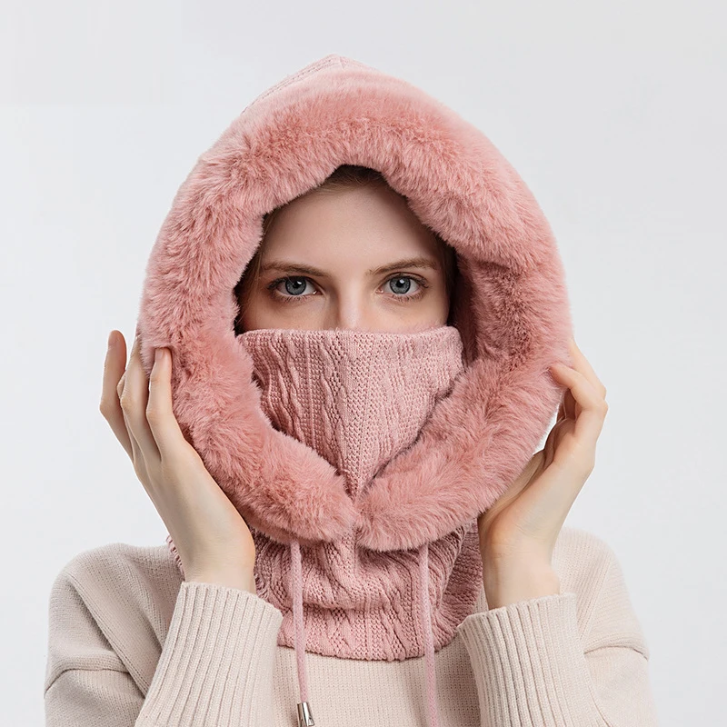 Women Slouchy Fleece Beanie Cashmere Fur Cap Hats Scarf Mask Drawstring Warm Hooded Winter Balaclava Pullover Knitted Hat