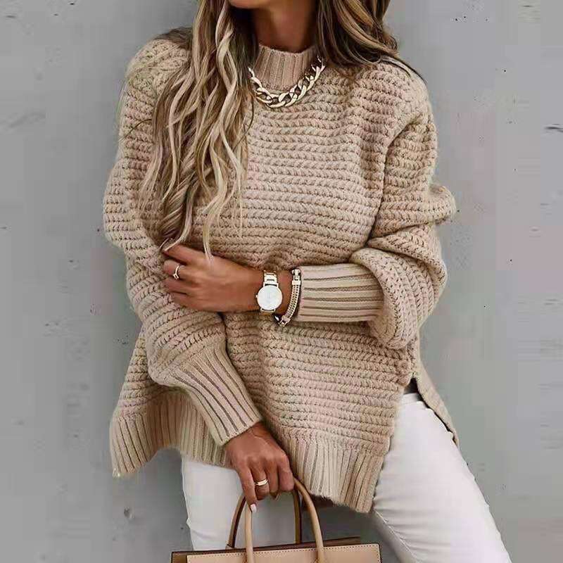 2024 Autumn/Winter New Half High Collar Loose Solid Color Long Sleeve Coarse Needle Side Split Knitted Sweater for Women