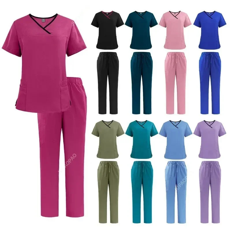Uniform Trendy Womens Scrub Set Stretch Soft Y-Neck Top Pants Hospital Pet Clinic Doctor Costume Contrasting Colors 241112