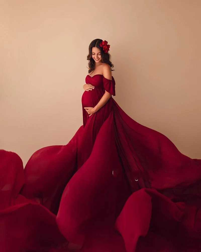 Maternity Dresses Women Maternity Off Shoulder Mermaid Chiffon Gown V Neck Elegant Fit Long Maxi Photography Baby Shower Dress for Photo Prop 24412