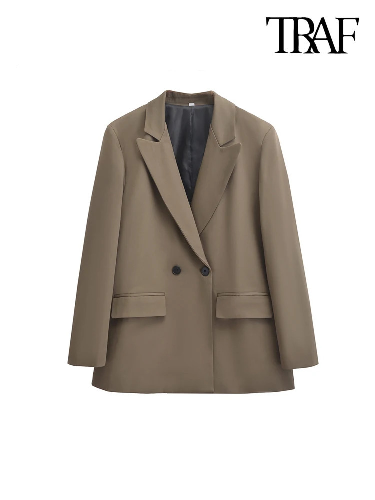 TRAF Womens Double Chest Office Jacket Long Sleeve Flip Pocket Womens Wear Fashion Top 241111