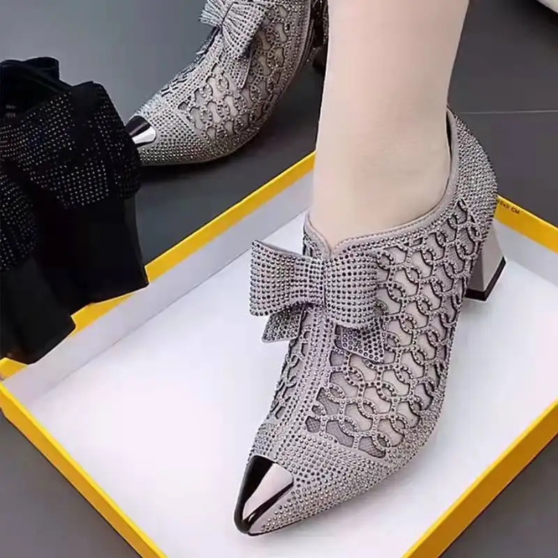 2044 womens sexy point solid color womens casual mesh fabric hollow womens high heels 241111
