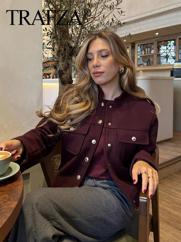 TRAFZA Womens Retro Wine Red Coat O-neck Long Sleeve Single Chest Jacket with Pocket Autumn Casual Office Womens Coat 241111