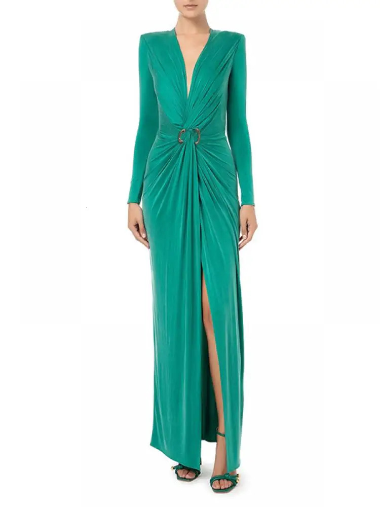 Uoozee Arrivals Solid Color SplitFront Deep VNeck XShape Evening Dresses Long Sleeves Pleated Prom Gown for Women 240402