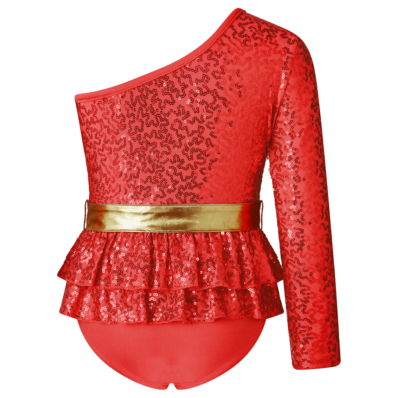 Kids Girls Gymnatics Ballet Leotards Costume Single Long Sleeve Oblique Shoulder Shiny Sequins Tiered Ruffle Briefs Hem Jumpsuit aca91
