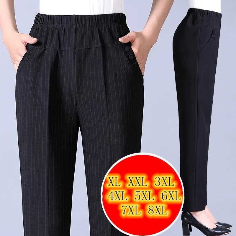 Autumn winter warm middle-aged and elderly plain elastic waist casual straight pants womens Trouser womens striped black pants 5XL 6XL 7XL8XL M241111