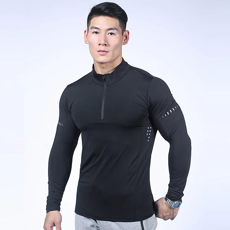 Mens Sports T-Shirt Long Sleeve Top Gym Clothing Fitness Compression Shirt Half Zip Pullover Quick Dry Sportswear 241112