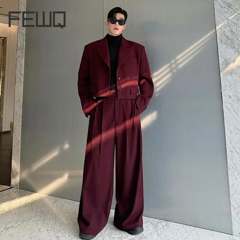 FEWQ Mens Two-piece Lapel Niche Solid Color Single Breasted Blazer Pleated Straight Wide Leg Male Suit Pants 9C8389 241111