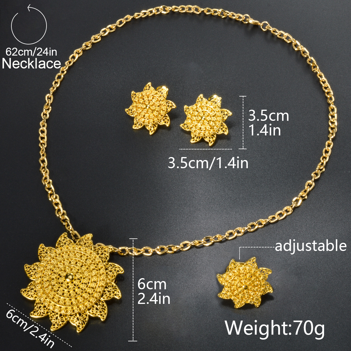Ethiopian African Jewelry Set for Women Arabic Dubai Chain Necklace Flower Pendant Earrings Ring Gold Color Brooch Wedding Gift f4fe1