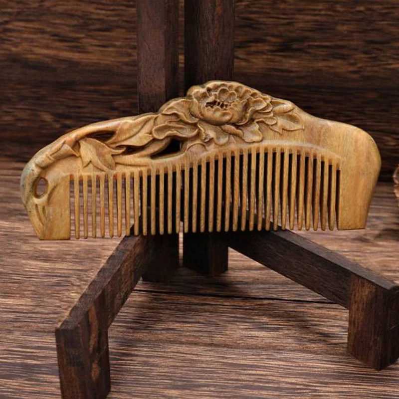 Handmade natural green sandalwood comb portable double-sided carved wooden comb anti-static head massage and hair care tool W241112