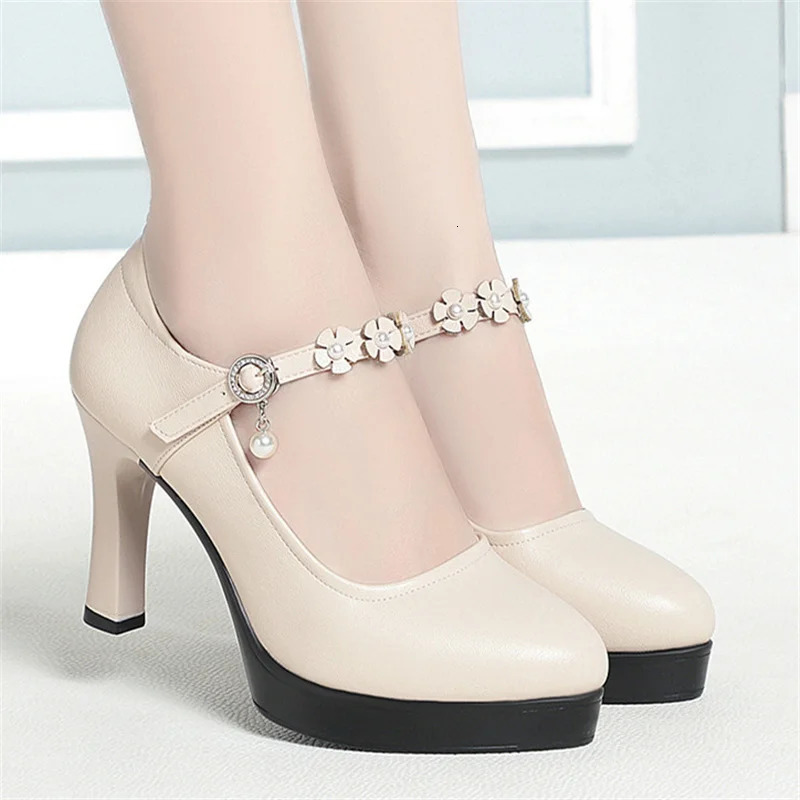 Ankle Strap High Heels Spring Women Pumps Autumn Thick Heel Shoes Platform Mary Jane Soft Leather Party Wedding Shoes 241112