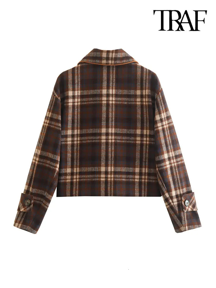 TRAF-Cropped Plaid Jacket for Women Long Sleeve Coat Button-up Female Outerwear Chic Tops Fashion 241112