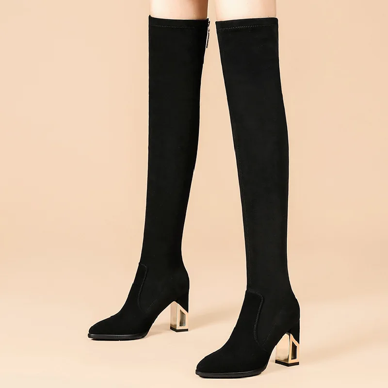 Tassels High Heel Women Rhie Thin Leg Elastic Sock Shoes 2023 Winter Stretch Fabric Warm Plush Over The Knee Boots
