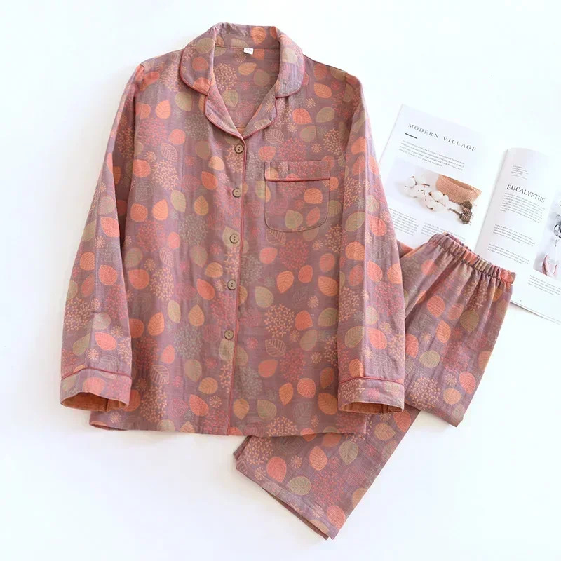 Spring/Summer Womens Pajamas Long Sleeve Mens Two Piece 100% Cotton Crepe Flower Leaf Home Clothes 241112