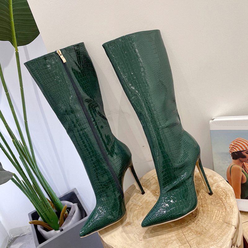 Liyke Black Green Snake Print Leather Women Zip Cool Motorcycle Knee High Boots Sexy Pointed Toe Stripper Heels Long Shoes Femal