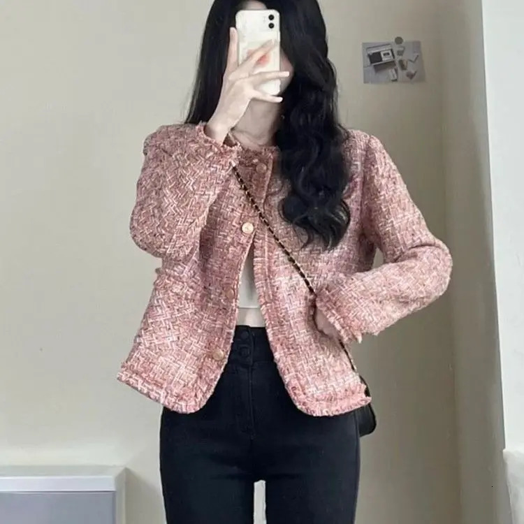 Pink Tweed Large Size Jacket Autumn /winter Small Fragrance Womens Coat Classic Tweed Large Size Cardigan Thick Jacket C33 241112