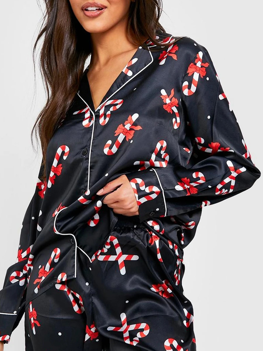 Women Christmas Pajamas Lounge Set Candy Cane Print Long Sleeve Shirts Tops and Pants 2 Piece Loungewear Outfits 241112