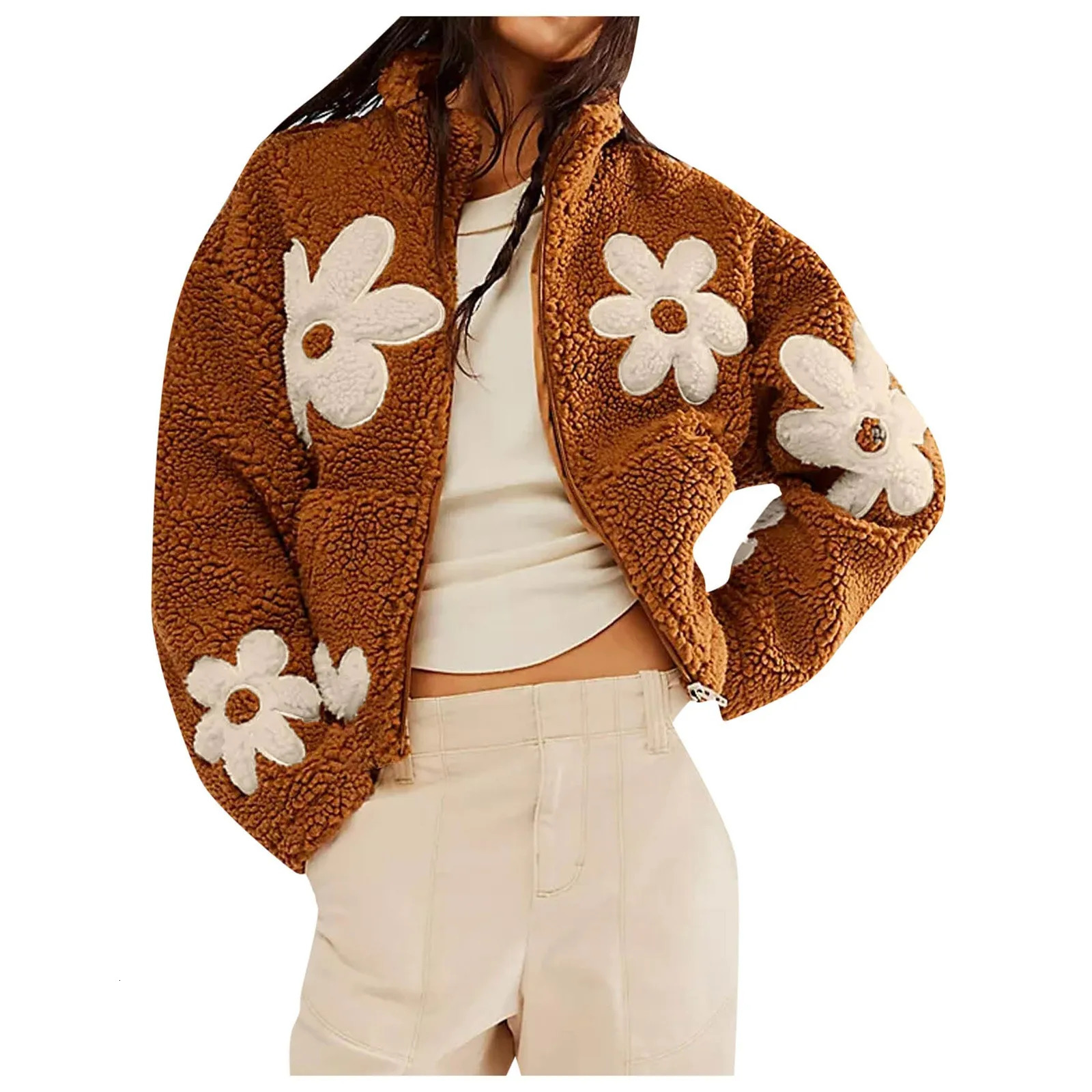 Lambswool Womens Fleece Fluffy Jackets Fashion Color Block Floral Zipper Coat Cardigan Cozy Plush Autumn Winter Outerwear 241112