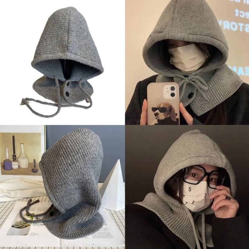 New Winter Balaclava Hats For Women Unisex Knitted Hooded Outdoor Warmer Drawstring Hat One-Piece Neck Collar Beanies Caps