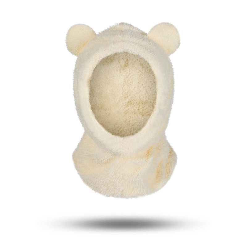 Cute Balaclava with Bear Ear Winter Women Beanies Caps Hood Warm Thick Plush Hat Scarf Gloves Set 3 in 1 Solid Color
