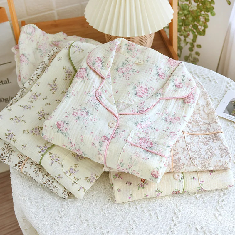 Autumn long sleeved cotton double high waisted womens pajamas loose casual plus size casual jacket flip collar printed pajamas 241112