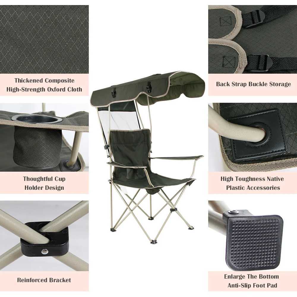 Portable folding chair with covered sunshade beach chair camping chair lawn chair outdoor activity anti slip foot padW241111