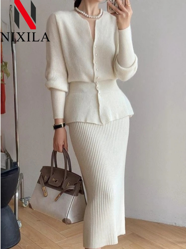 autumn and winter dress two-piece womens set Korean fashion elegant womens cardigan wool sweater long sleeved set womens clothing 241112