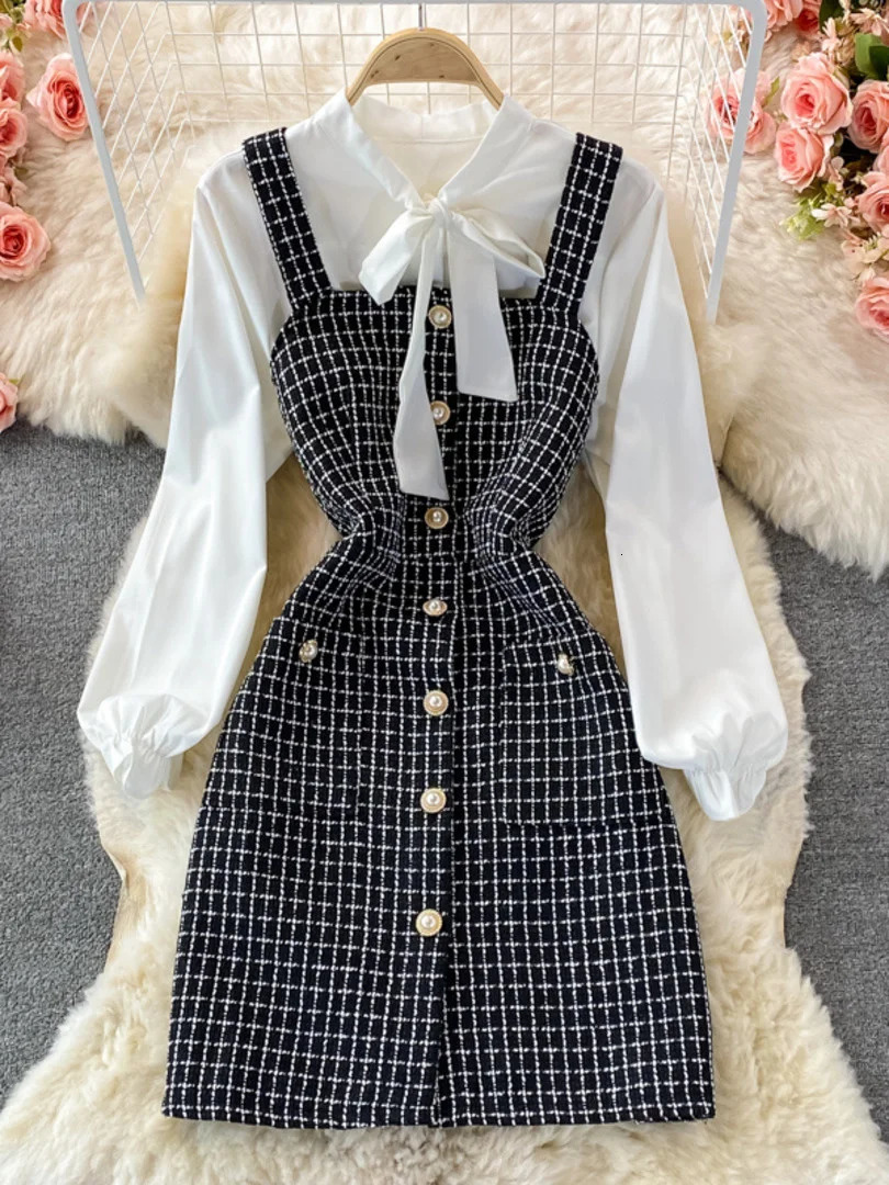 Womens two-piece set Korean fashion bow collar white shirt and spaghetti shoulder strap single chest mini tweed dress set 241112