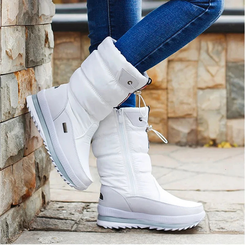 White Women Boots Winter Shoes Warm Plush Mid-calf Boots Waterproof Rubber Non-slip Platform Snow Boots Female Plus Size 42 241112