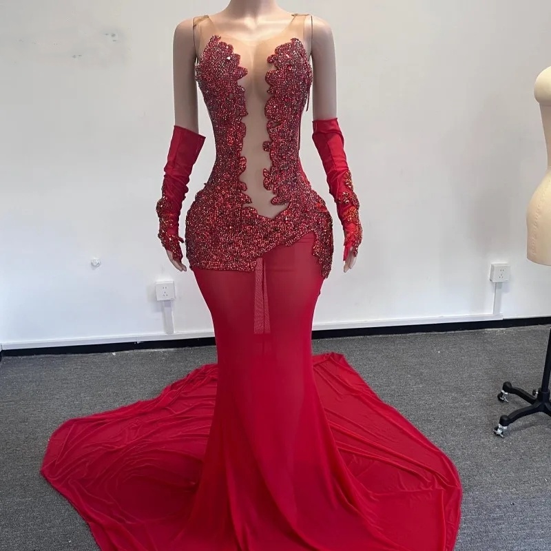 Red Diamand Prom Dresses With Goes Sheer Neck Crystal Mermaid Party Gowns Long Birthday Outfits Vestidos De Gala