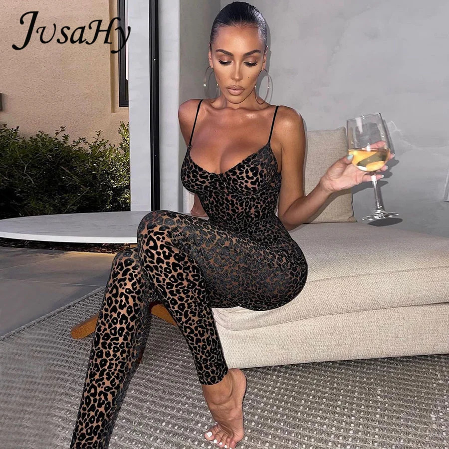 JuSaHy Leopard Print Flocking jumpsuit for women fashionable sleeveless and backless shapewear casual high street womens clothing 241112