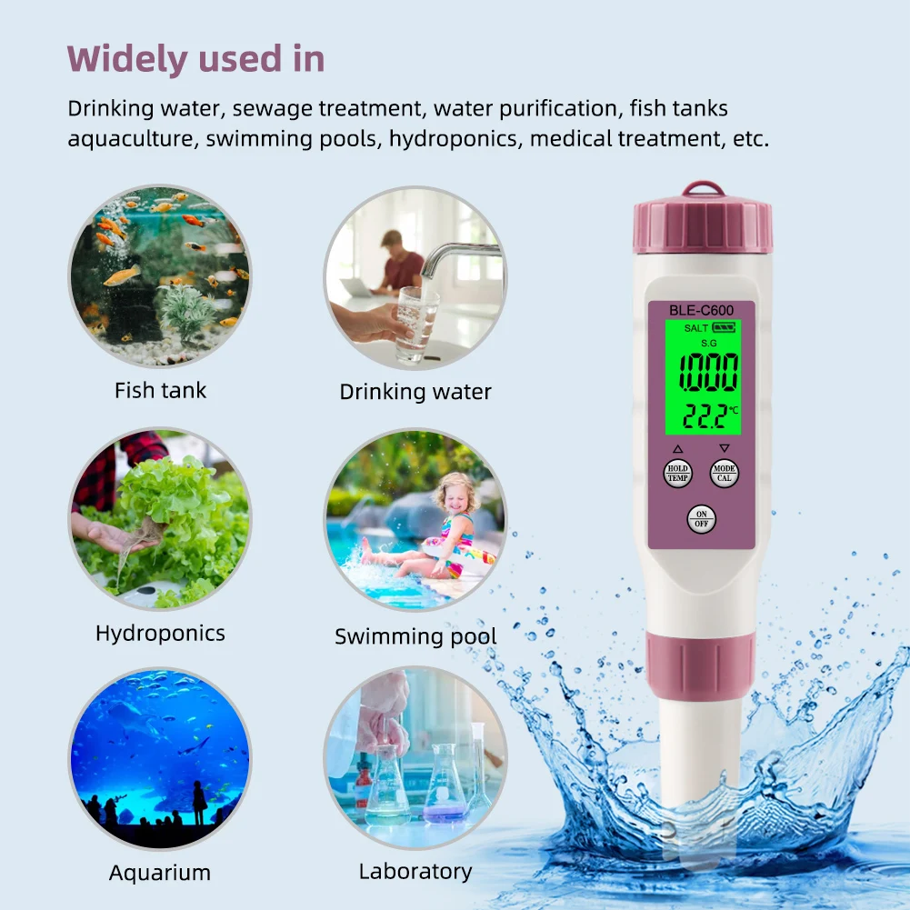 7 in 1 PH TDS Meter Bluetooth-Compatible Temp/ORP/EC/TDS/Salinity/S.G /PH Tester APP Control for Aquarium Water Quality Tester