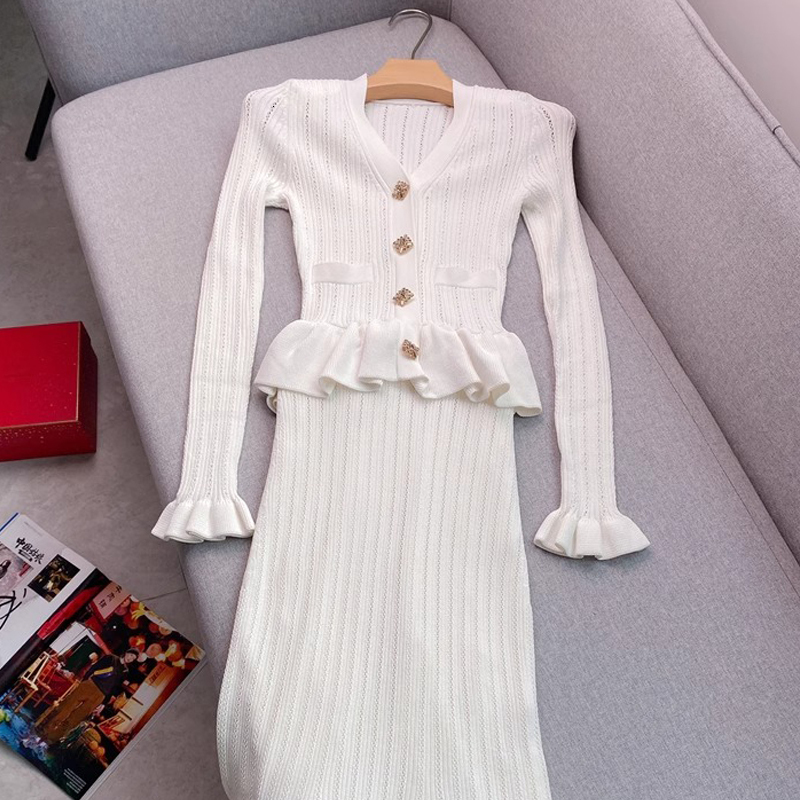 Yuoomuoo Brand Fashion One-Piece Knitted Maxi Women Elegant V-Neck Ruffled Slim Waist Bodycon Sweater Dress Party Vestido
