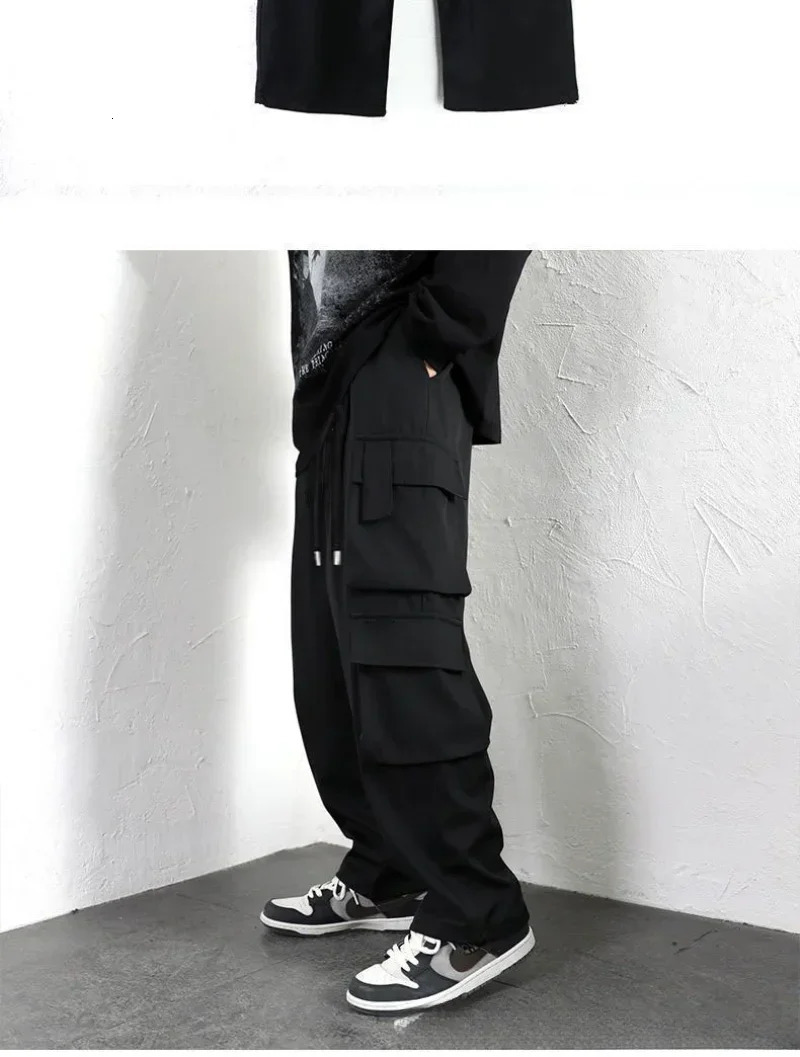 Hipster Men Black American Overalls High Street Boys Straight Leg Slacks Men Hipster Wide Leg Casual Pants 241112