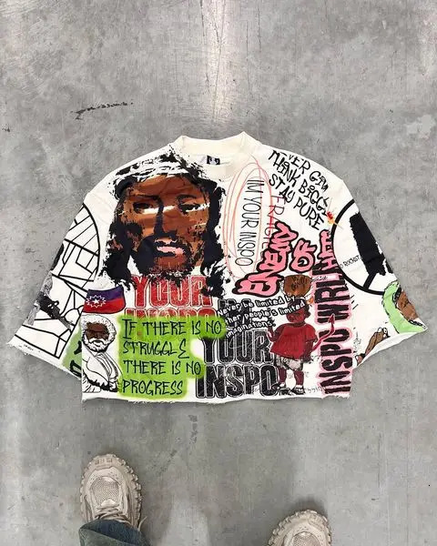 Street clothing T-shirt Y2K half sleeved top Harajuku hip-hop graffiti pattern oversized mens T-shirt round neck cotton clothing 241112