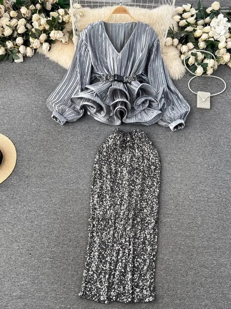 Sexy Club Glitter 2-piece Set Womens V-neck Lantern Cuff Ruffle Shirt TopElastic Waist Tight 241112