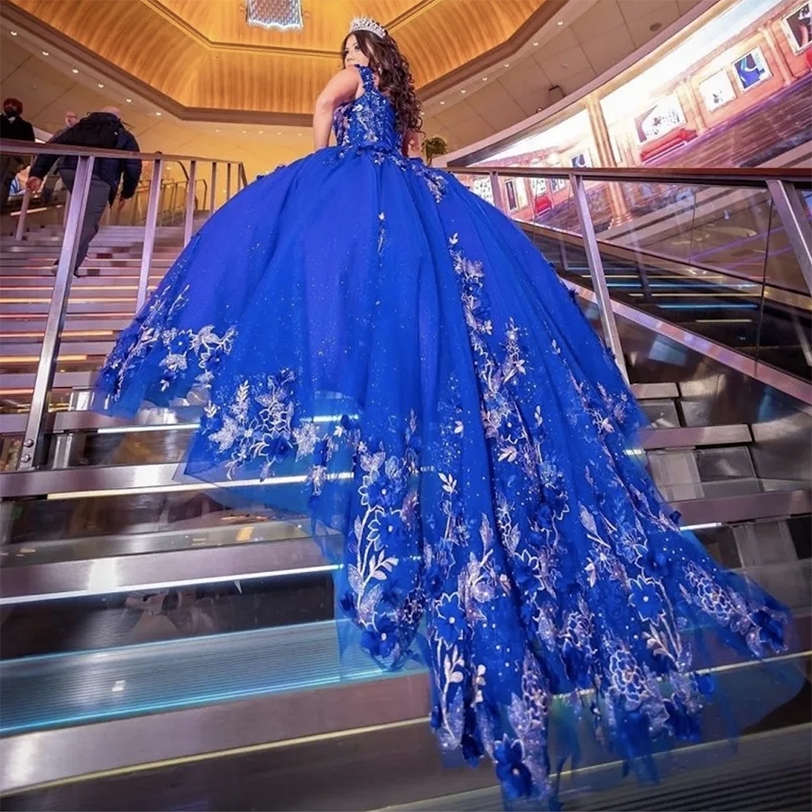 Blue Shiny Quinceanera Dresses Ball Gown 3Dral Appliques Lace Sleeveless Off Shoulder Handmade wers Sweet 15 Vestidos De XV Anos 0707