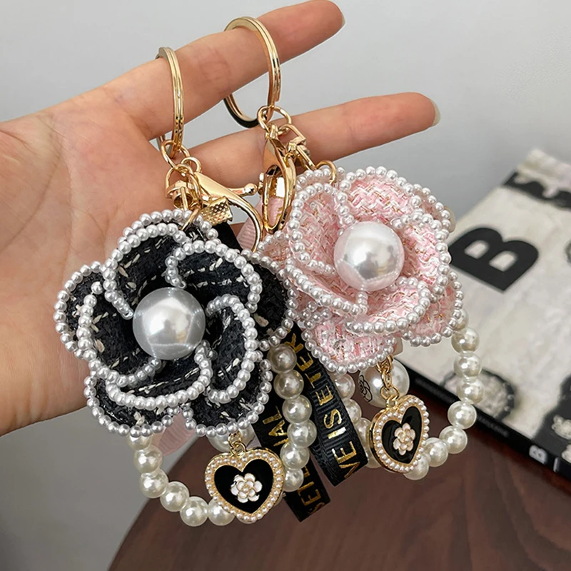 Boutique Pearl Chain Camellia Flower Weave Keychain Car Key Ring Bag Pendant Accessories Keyfob Women Girl Keyring Gift Jewelry