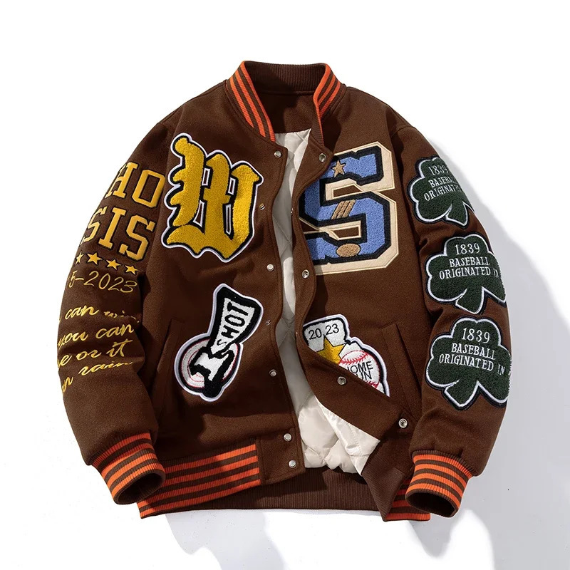 Embroidery Varsity Jacket Men Women Letter Winter American Baseball Jacket Hip Hop Woolen Coat Thick Warm Outwear Parkas Brown 241111