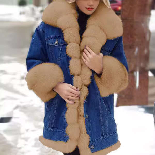 shanshi fur coat women Women's fur integrated denim long sleeved jacket
