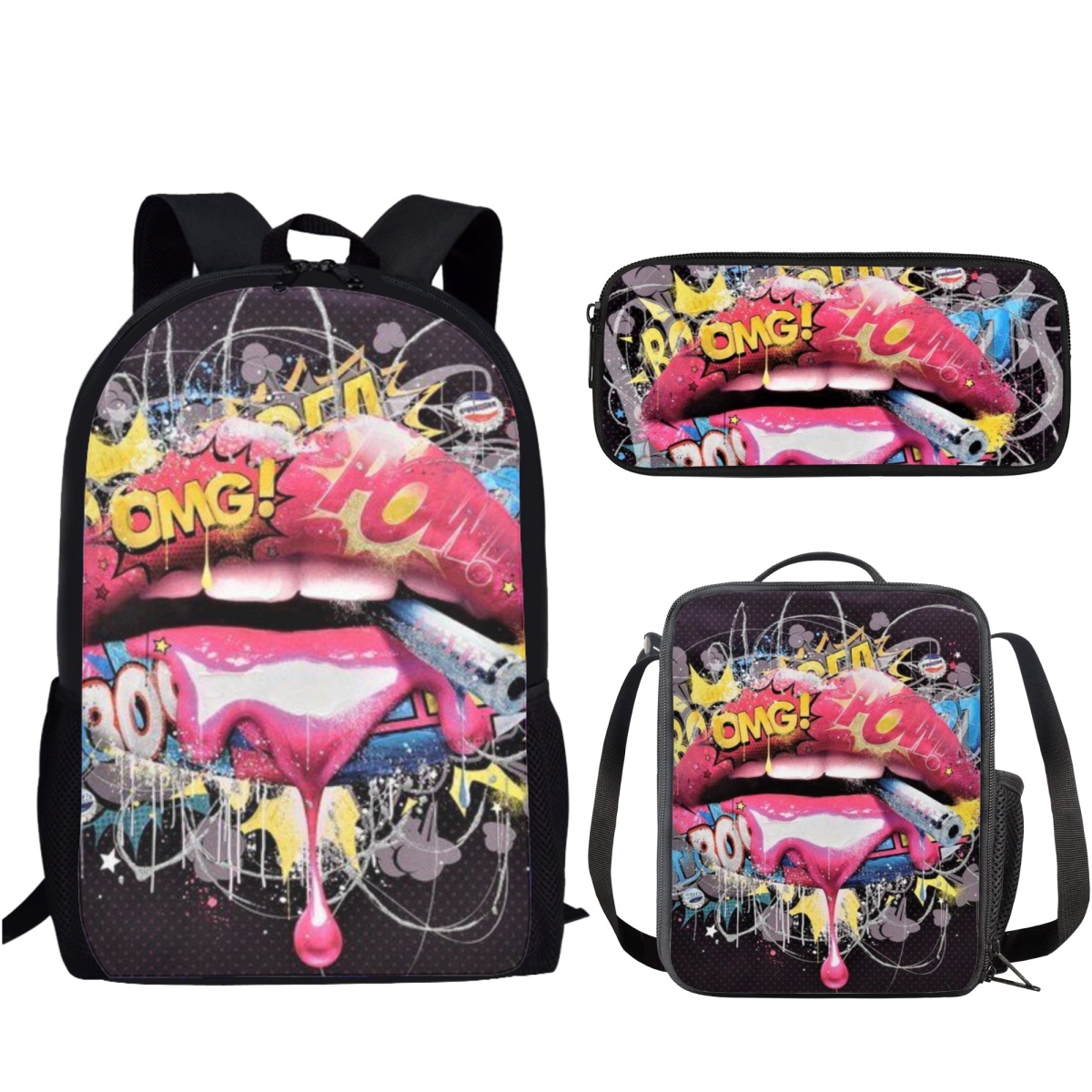 Sexy Lip Design 3Pcs/Set School Bag Causal Backpack for Teenager Girls Boys Student Campus Book Bag with Lunch Bag Pencil Bag 388ea