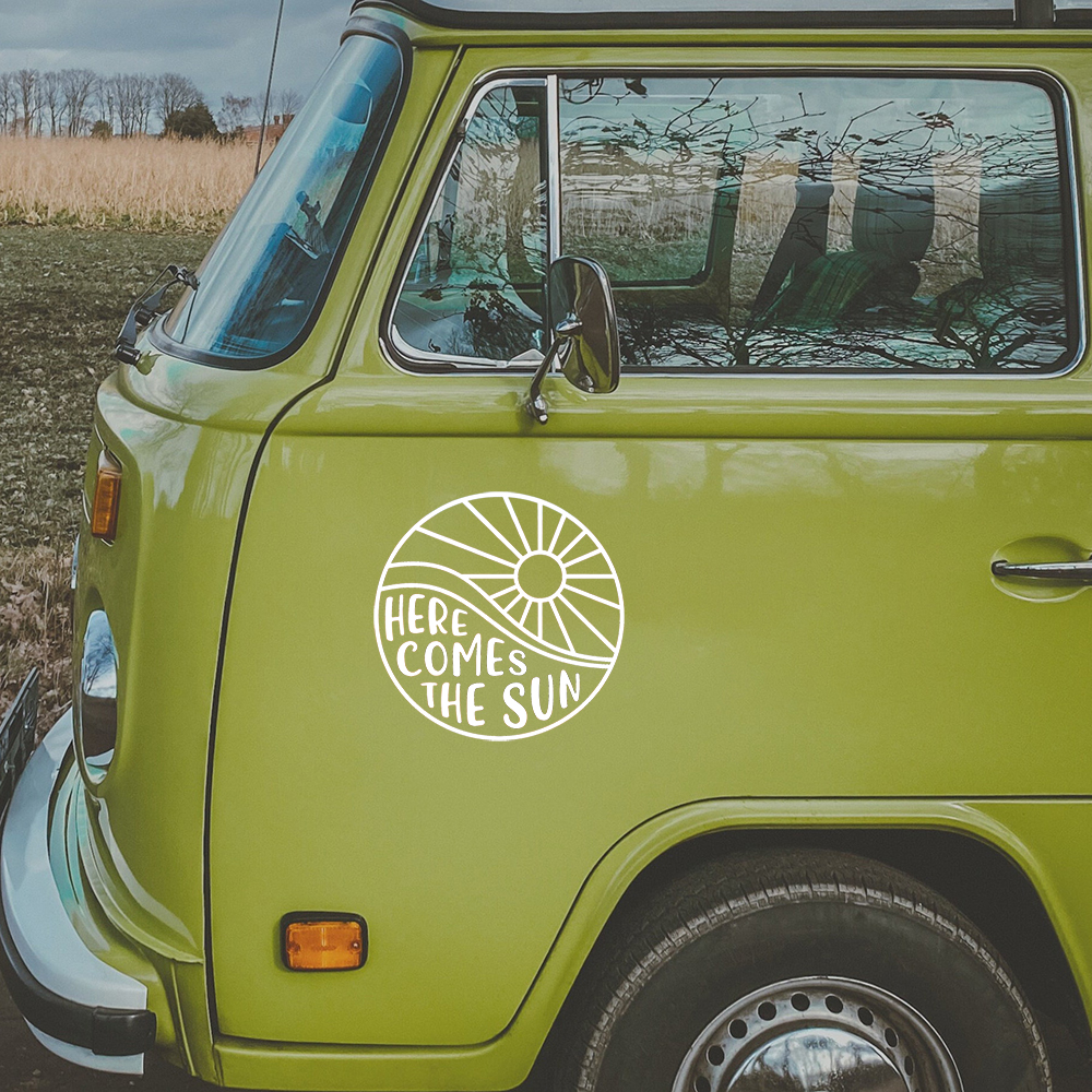 Here Comes The Sun Car Styling Stickers Camper Motohome Decor Vinyl Traval Decals Windows Bumper Decoration
