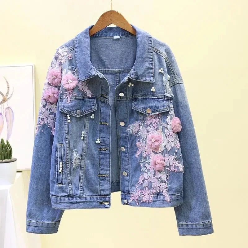 Embroidered Denim Short Jacket Womens Spring and Autumn Decal Diamond Hole Jacket Loose Top Student Jeans Jacket 241112