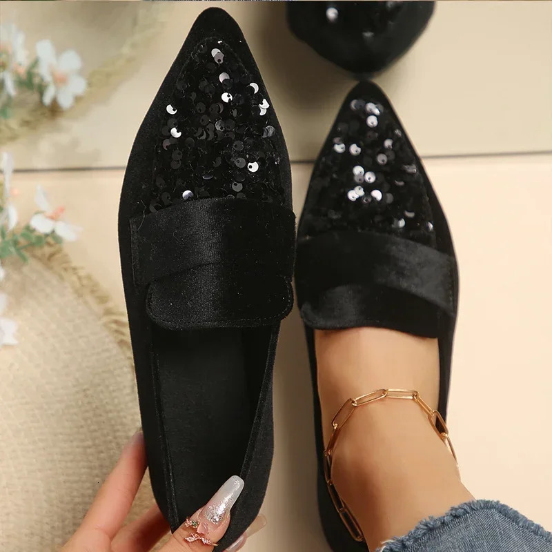 Velvet Womens Sparkling sequin Embroidered Loafers Womens Fashion Dot Toe Silver Grey Velvet Ballet Flat Shoes 241111