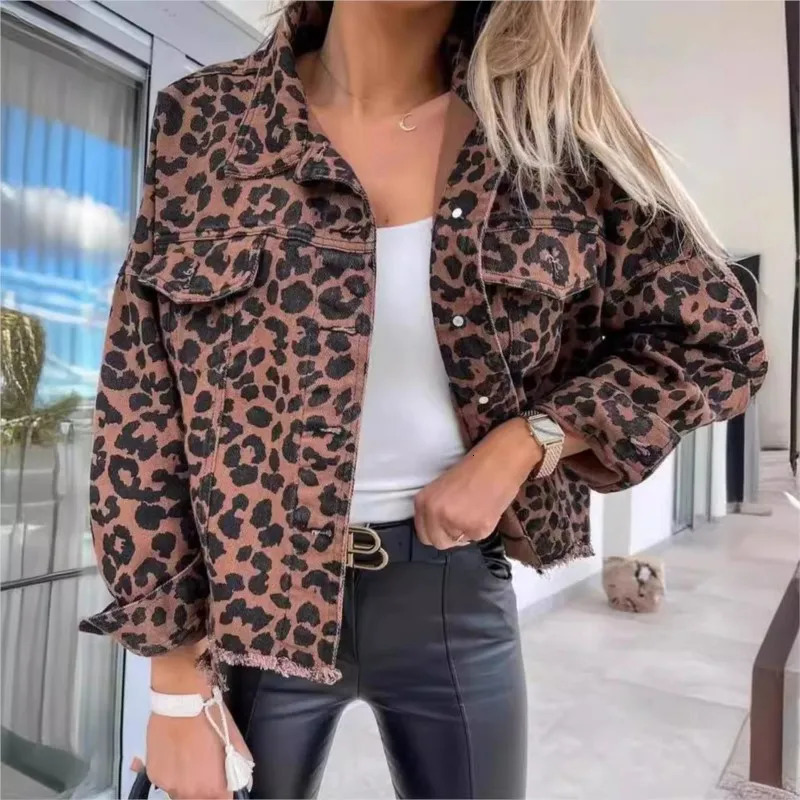 Fashionable womens leopard print denim jacket womens casual lapel button chest pocket jacket denim jacket 241112