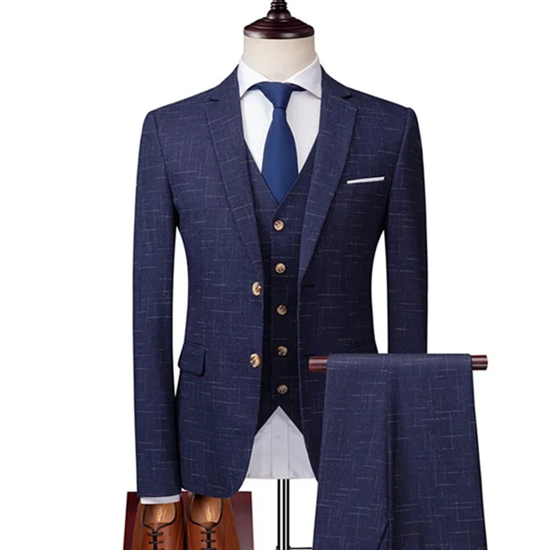 Blazer Pants Vest 3 Pieces Suit Set Mens Fashion Banquet Business British Style Slim High End Custom Plaid Blazers Trousers 240412