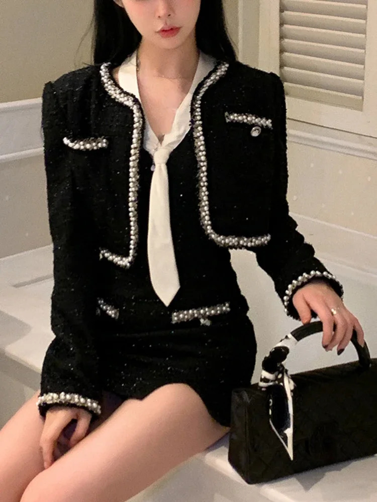 Autumn/Winter Retro Black 2-piece Womens Set Korean Fashion Set Casual Short CoatElegant Belt Y2k Mini Dress Party 241112