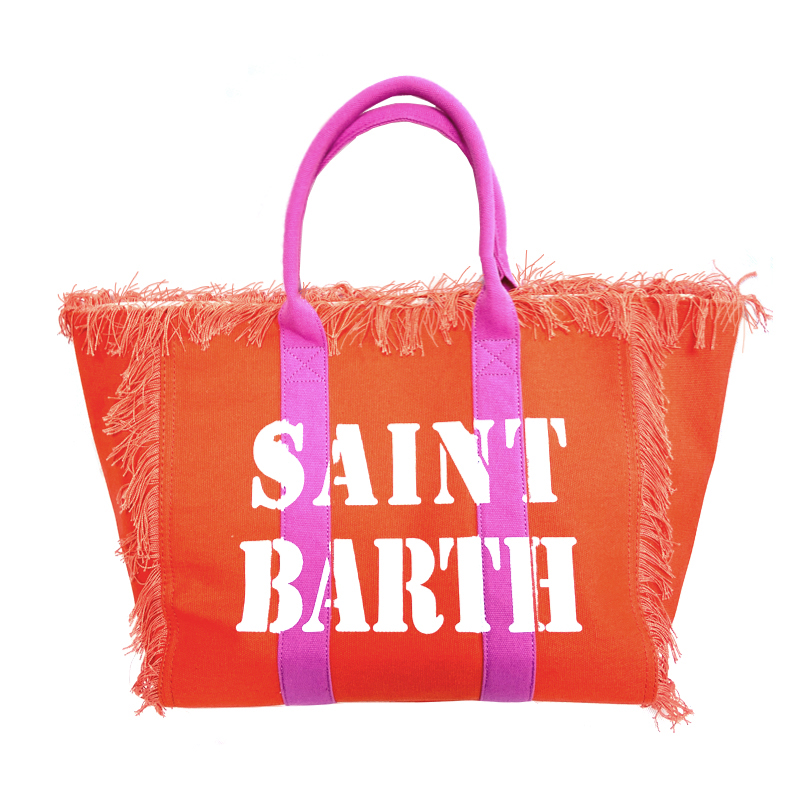 Saint Barth Brand Women Casual Tote Bag Tassel Luxury Canvas Beach Shoulder Bag Large Handbag Orange Solid with Rose Red Handles