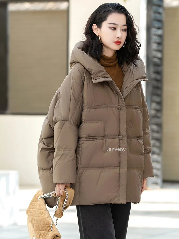 Janveny 90% White Duck Down Jacket Women Hooded Autumn Winter Warm Plus Size Puffer Coat Oversize Casual Loose Female Parkas 241111