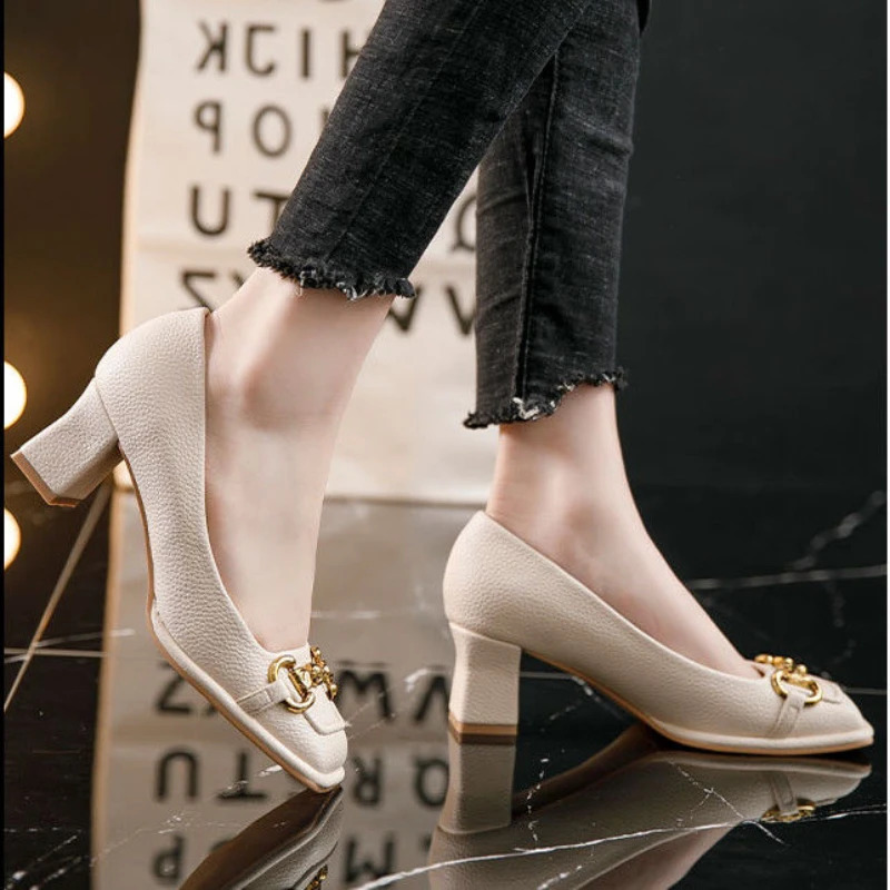 Womens Mid-heel 5.5CM Summer French Style Back Empty Female Thick Heel Square Toe Mary Jane Shoes Black Green Talon Femme 241112
